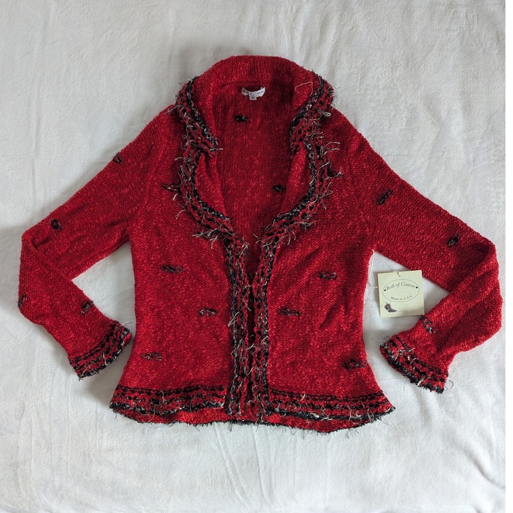 Vtg Sweater Open Front Cardigan Red Fringe Trim Sz M Artsy Cozy Boho Festive